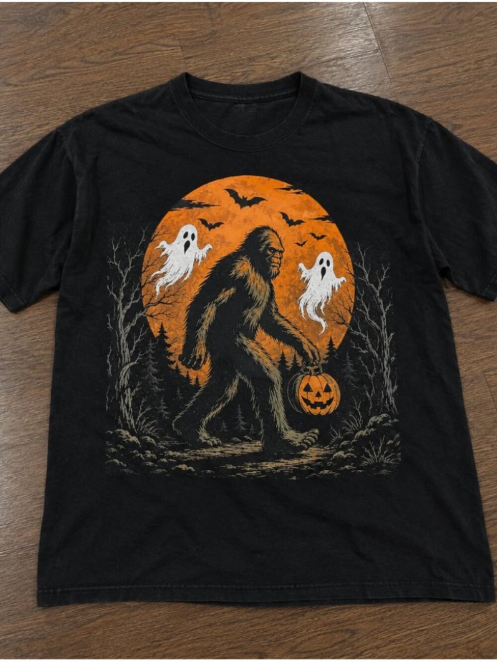 Spooky Bigfoot Halloween Ghost Pumpkin Moon Funny T-Shirt